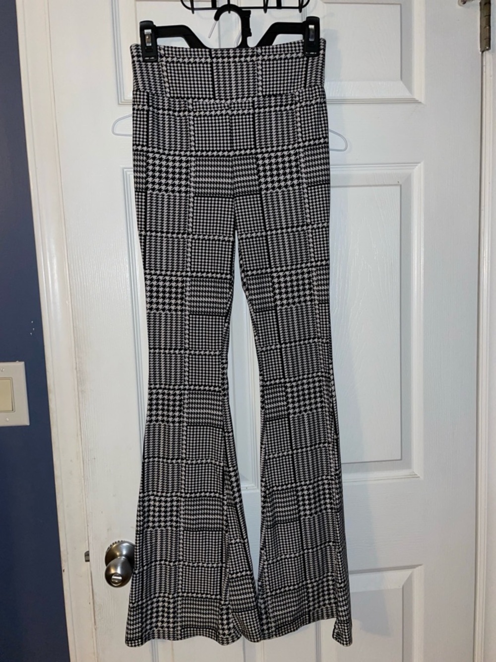High-Waist Black & White Plaid Flare Pants